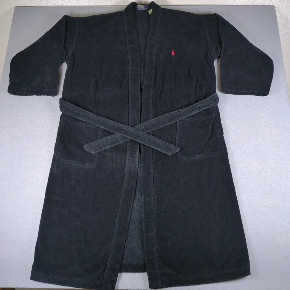 VTG Polo Ralph Lauren Robe Mens One Size Black Kimono Loungewear French Terry